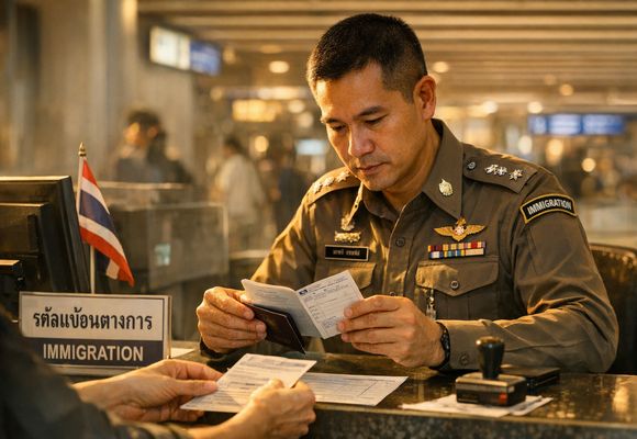 Thailand immigration officer checking documents at airport