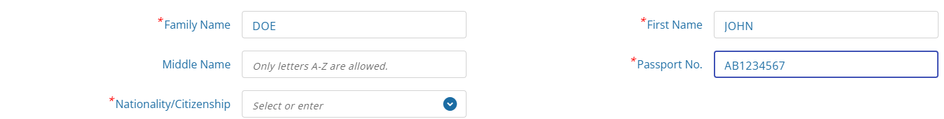 TDAC form showing Passport No field filled with AB1234567