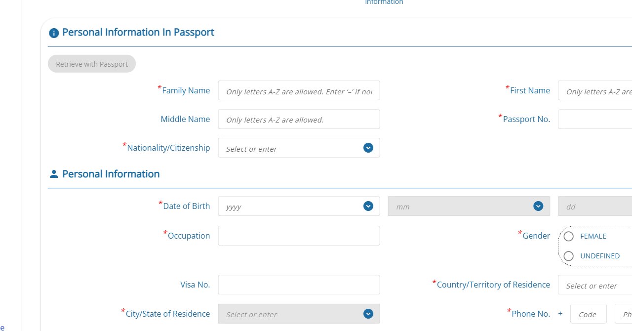 TDAC Arrival Card form - 3-step form showing Personal Information tab